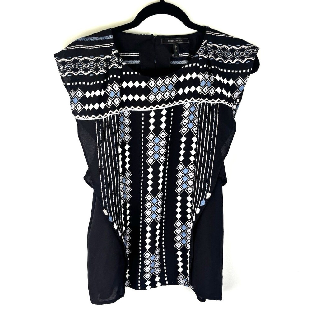 BCBG Max Azria Size M Womens Black Geometric Flowy Blouse / Top - Excellent